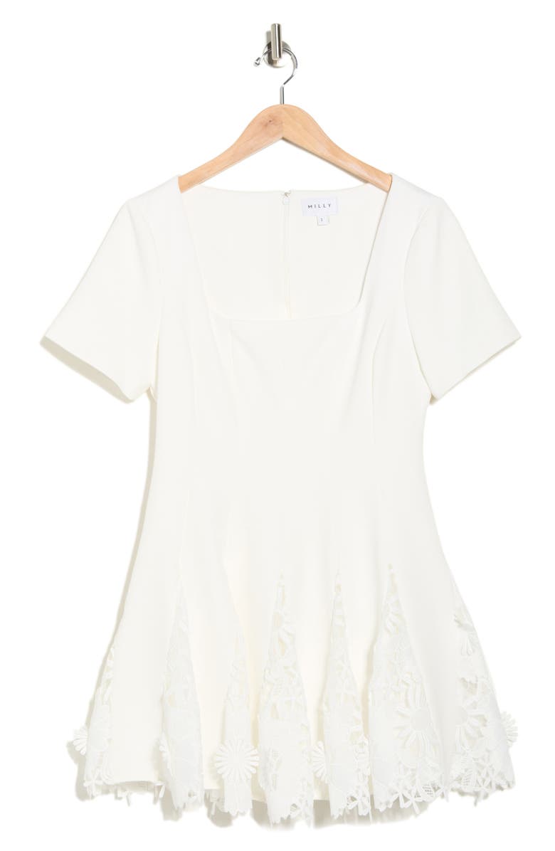 Milly Joy Short Sleeve Lace Godet Minidress, Alternate, color, White