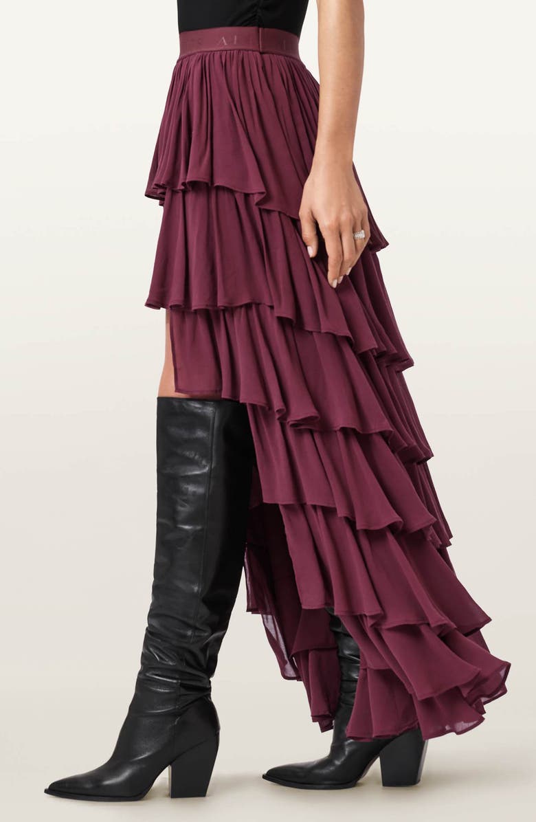 AllSaints Cavarly Layered Ruffle High-Low Maxi Skirt, Alternate, color, Tawny Port Red