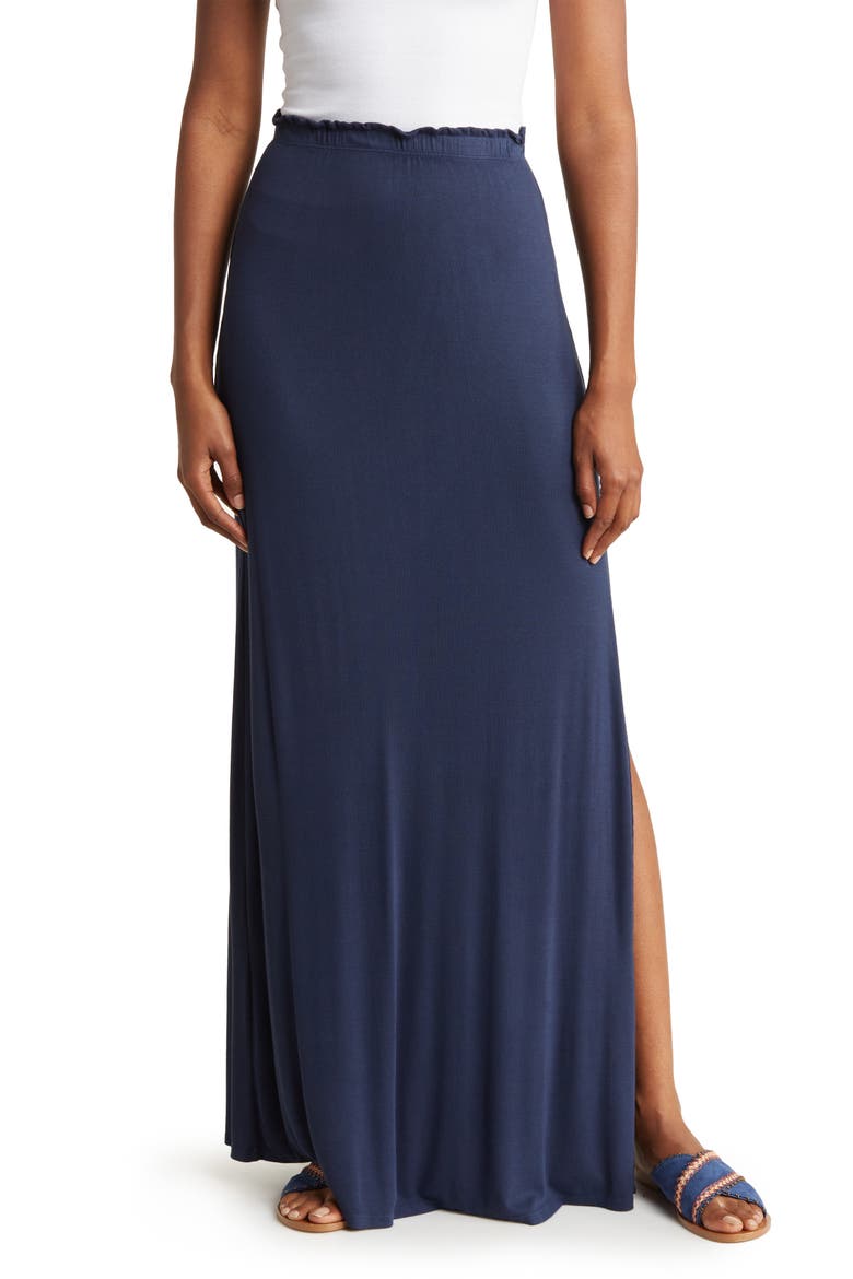 One Slit Ruffle Maxi Skirt, Main, color, NAVY