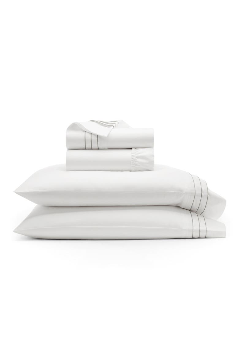 Signature Triple Pleat Organic Cotton Sheet Set, Main, color, WHITE/ PEWTER
