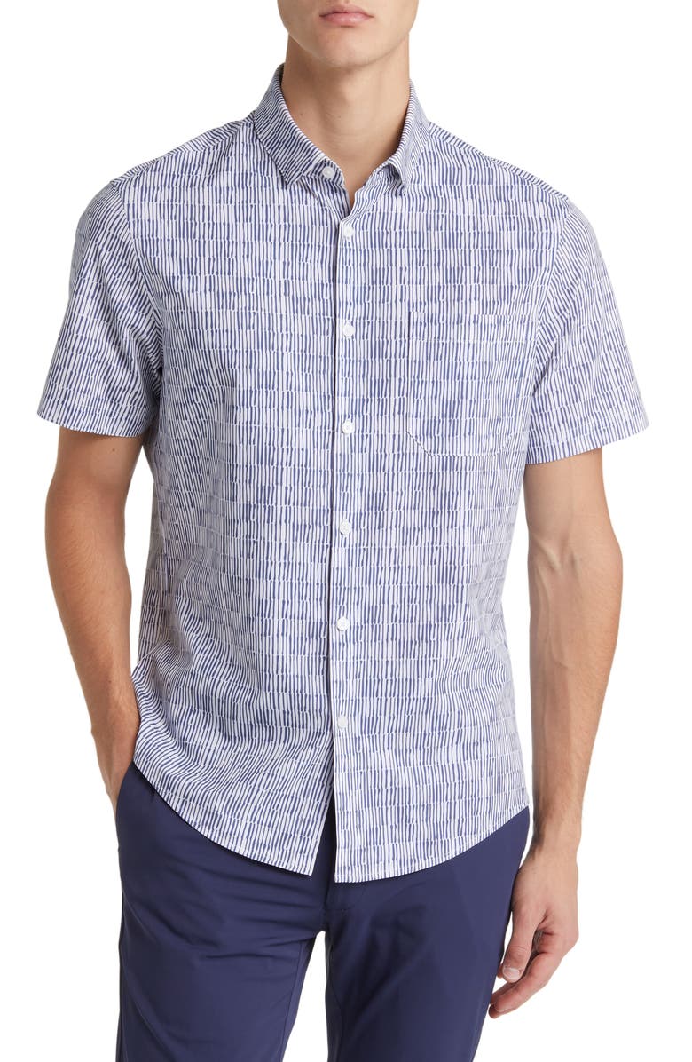 Mizzen+Main Leeward Trim Fit Coastal Fjord Short Sleeve Button-Up Performance Shirt, Main, color,