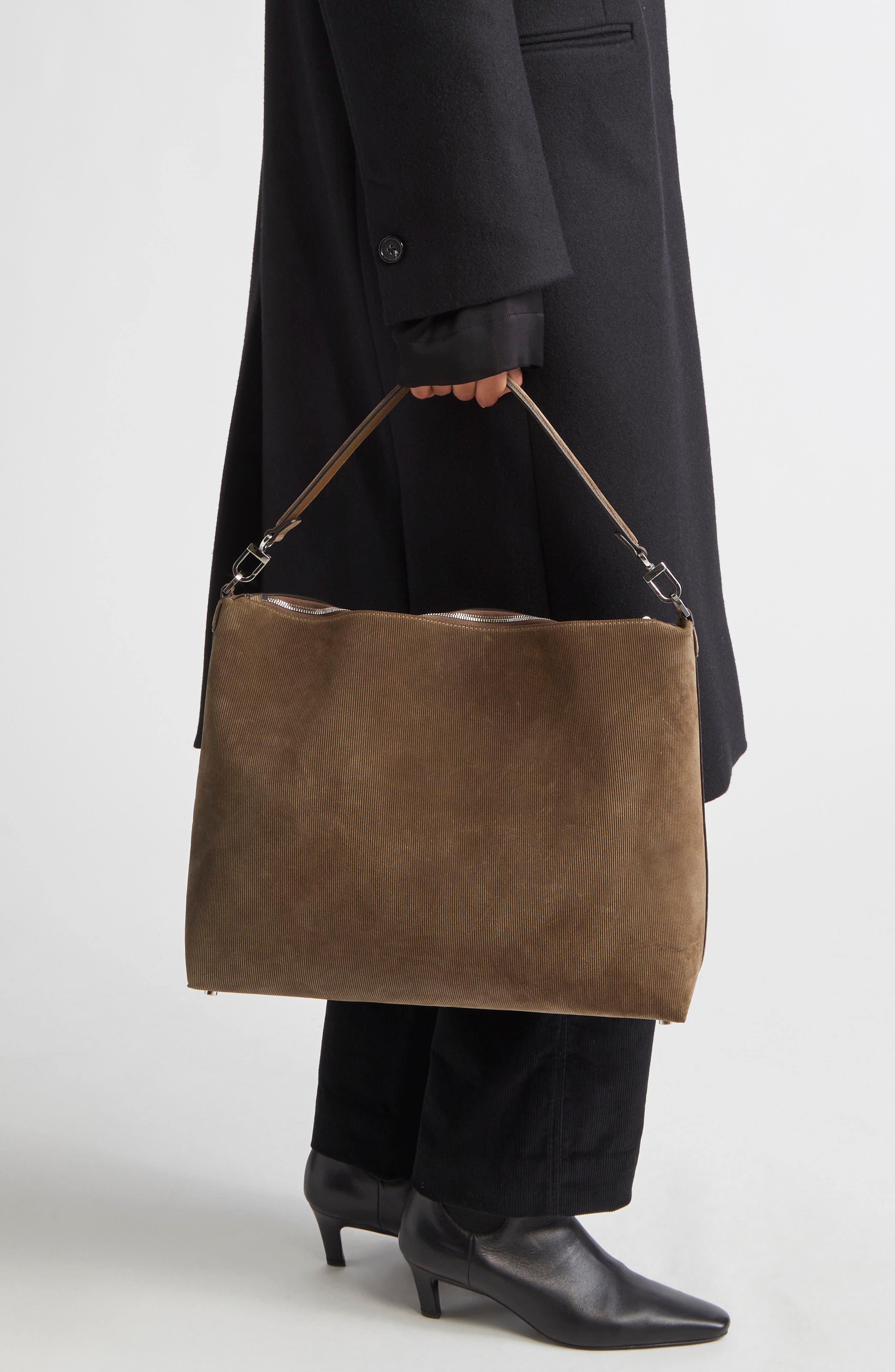 TOTEME Medium Bevel Corded Suede Hobo Bag, Alternate, color, Dark Taupe