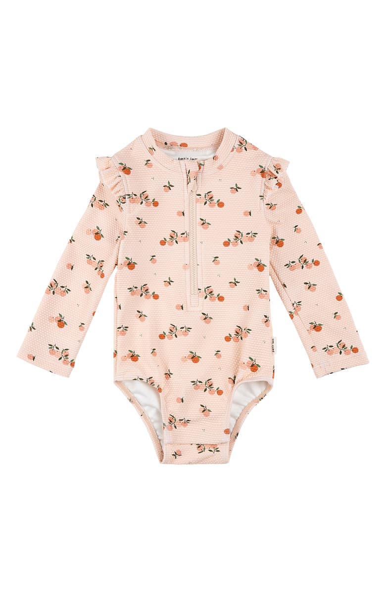 FIRSTS by Petit Lem Agrumes Print Ruffle One-Piece Rashguard Swimsuit, Main, color, Light Pink