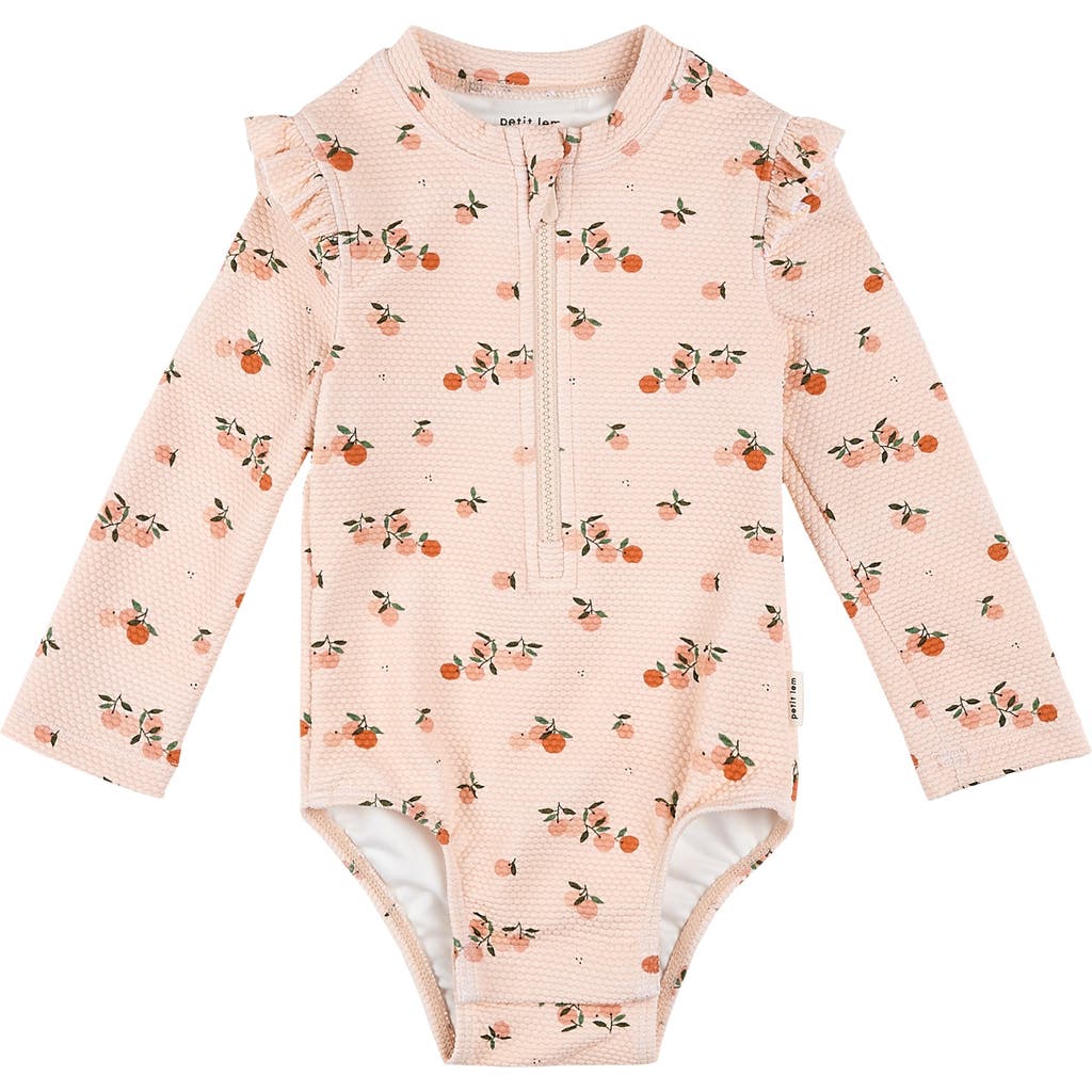 Firsts By Petit Lem Agrumes Print Ruffle One-piece Rashguard Swimsuit In Light Pink