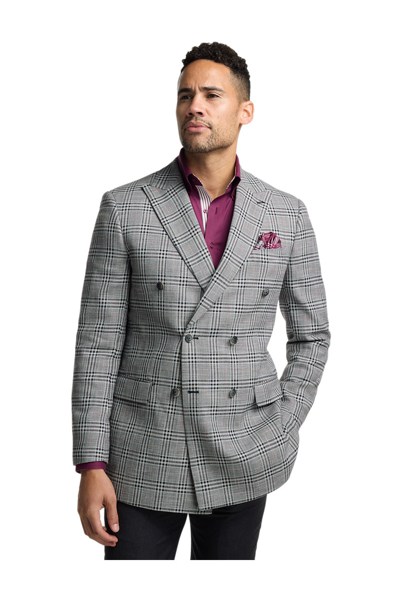 Cotton Blend Plaid Double Breasted Peak Lapel Sport Coat, Alternate, color, Black/White