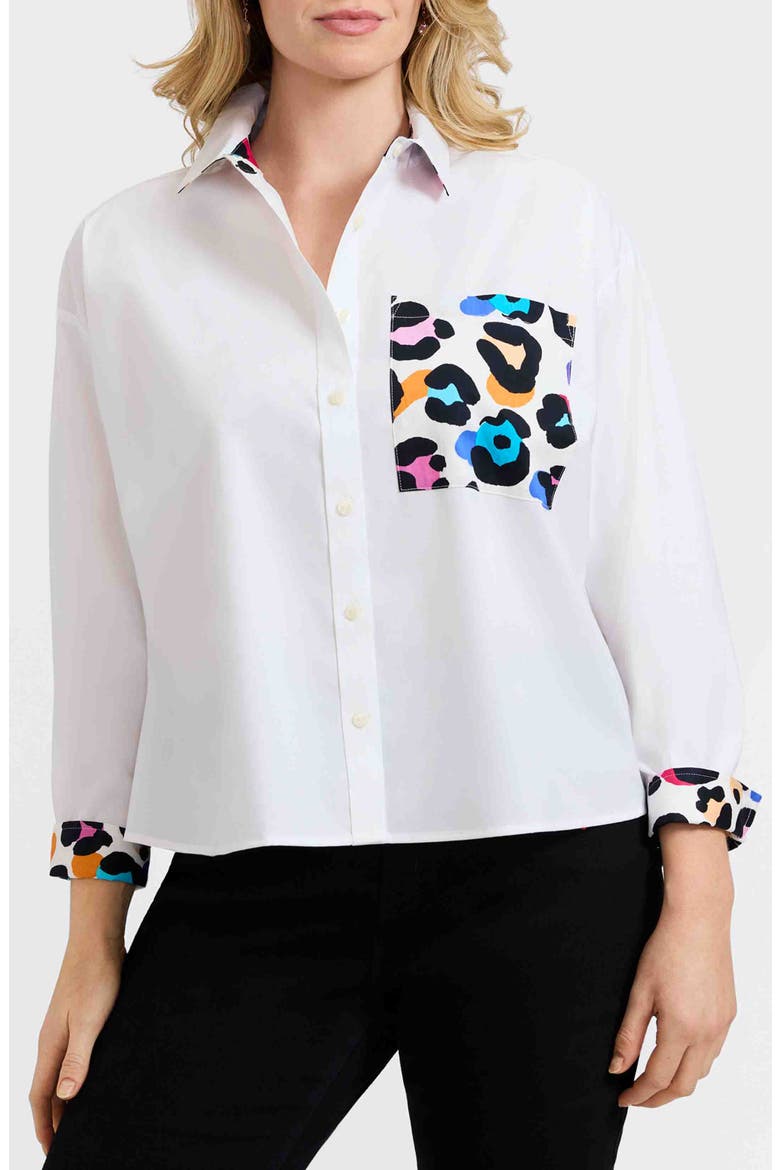 Marina Contrast Leopard Trim Cotton Blend Button-Up Shirt, Main, color, WHITE/ LEOPARD MULTI