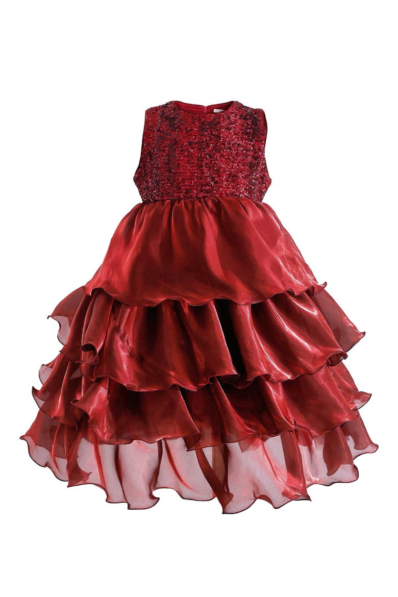 Sequin & Tiered Organza Dress, Main, color, Red