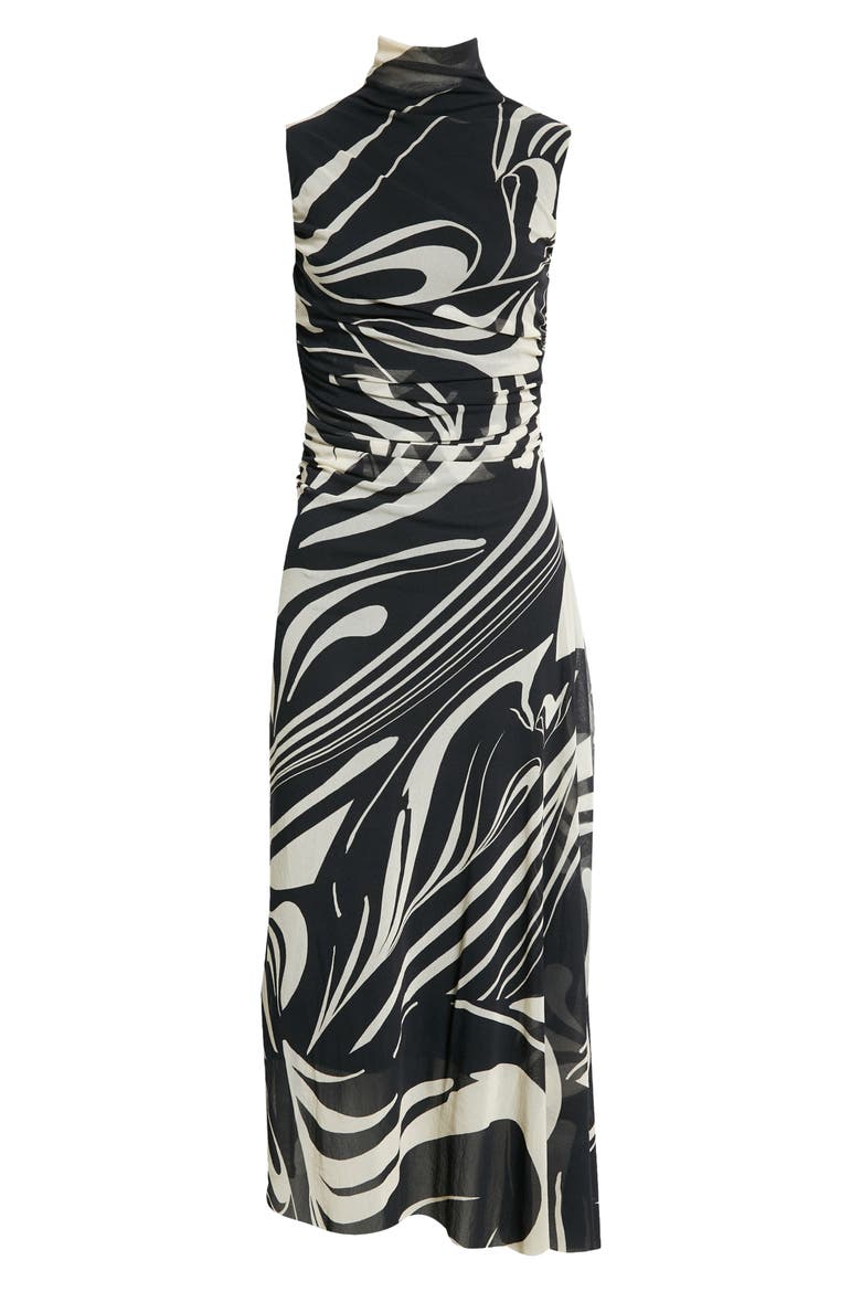 Swirl Print Ruched Mesh Sleeveless Dress, Alternate, color, NERO