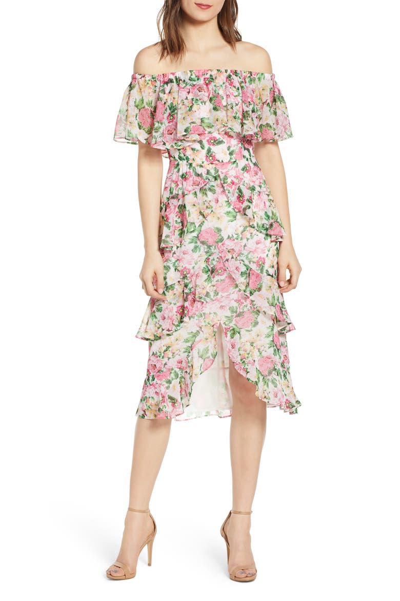 Off the Shoulder Midi Dress, Main, color, IVORY PINK ROSE PRINT