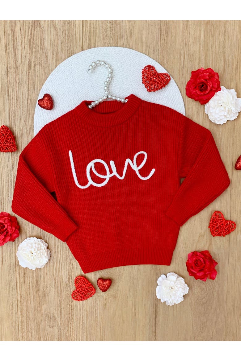 Love At First Sight Embroidered Chunky Knit Sweater, Alternate, color, Red