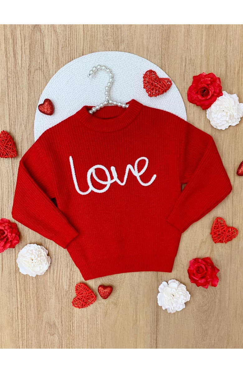 Mia Belle Girls Love At First Sight Embroidered Chunky Knit Sweater, Alternate, color, Red