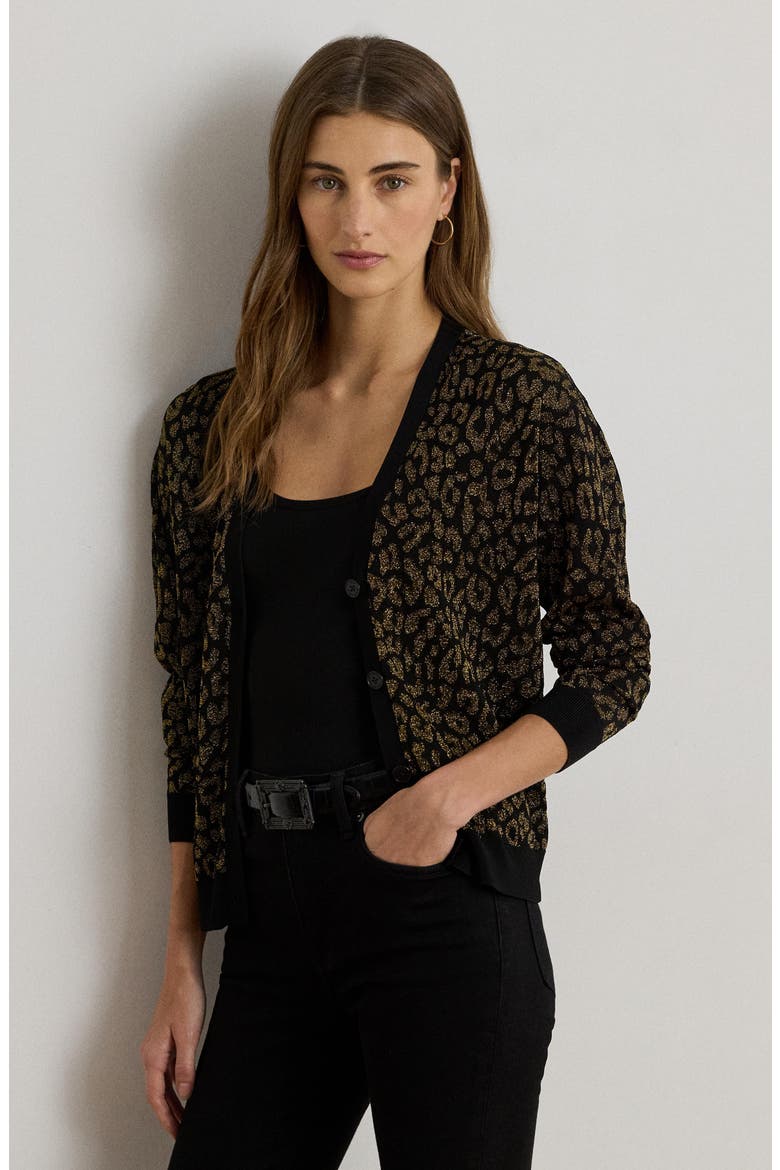 Metallic Double Knit Cardigan, Alternate, color, BLACK/ RELIC GOLD METALLIC