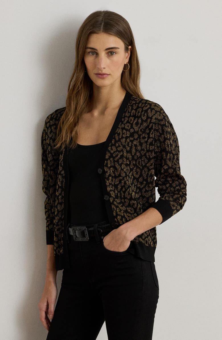 Lauren Ralph Lauren Metallic Double Knit Cardigan, Alternate, color, Black/ Relic Gold Metallic