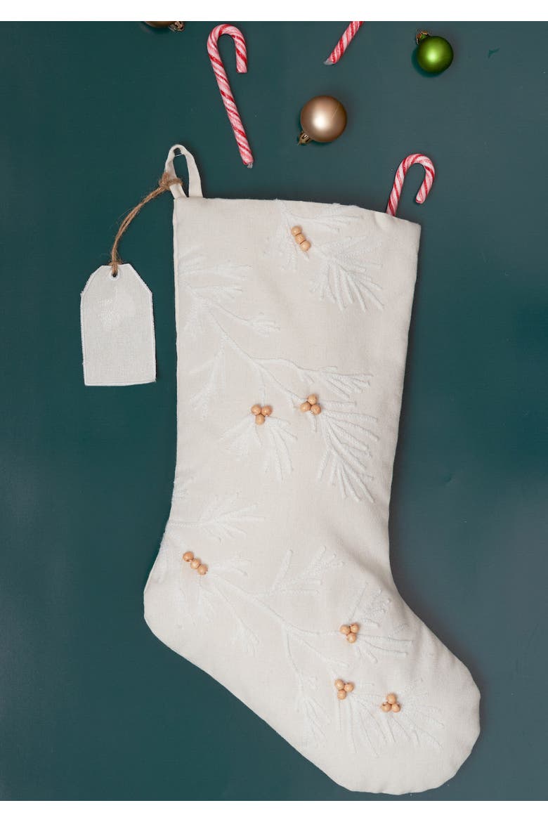 Bronze Berry Beads on Woven Branches Tagged Christmas Stocking, Alternate, color, White