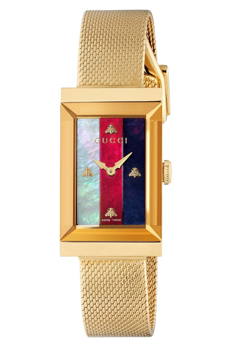 G-Frame Mesh Strap Watch, 21mm x 34mm, Main, color, GOLD/ WHITE/ RED/ NAVY