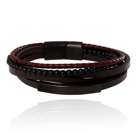 Multilayer Braided Leather and Bead Bracelet, Brown & Black