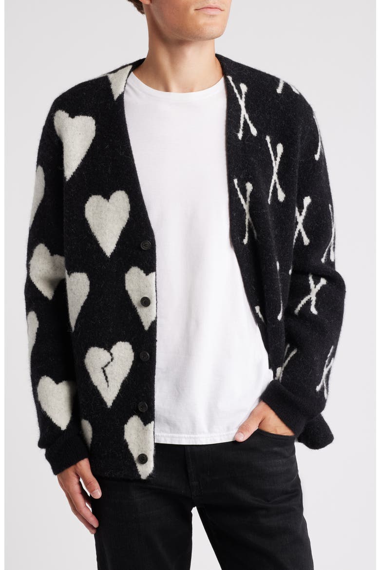 Bonebreak Heart Alpaca & Wool Blend Cardigan, Alternate, color, BLACK/ CHALK WHITE