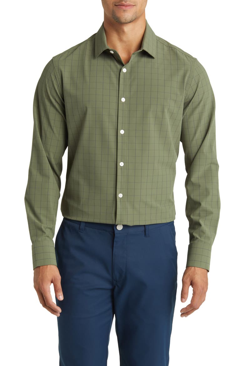 Leeward Trim Fit Plaid Performance Button-Up Shirt, Main, color, SAGE LEXINGTON PLAID