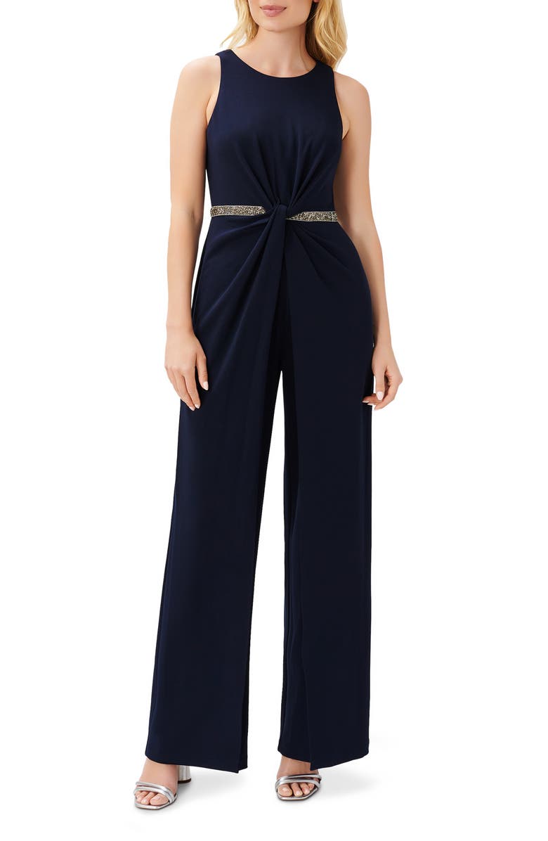 Adrianna Papell Crystal Belt Sleeveless Crepe Jumpsuit, Main, color, 