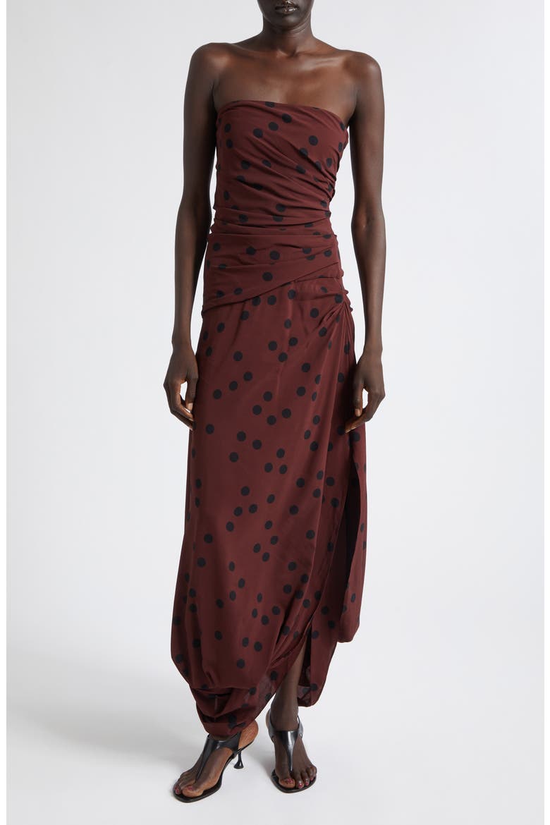 Nayara Dot Print Strapless Asymmetric Midi Dress, Main, color, ESPRESSO MULTI