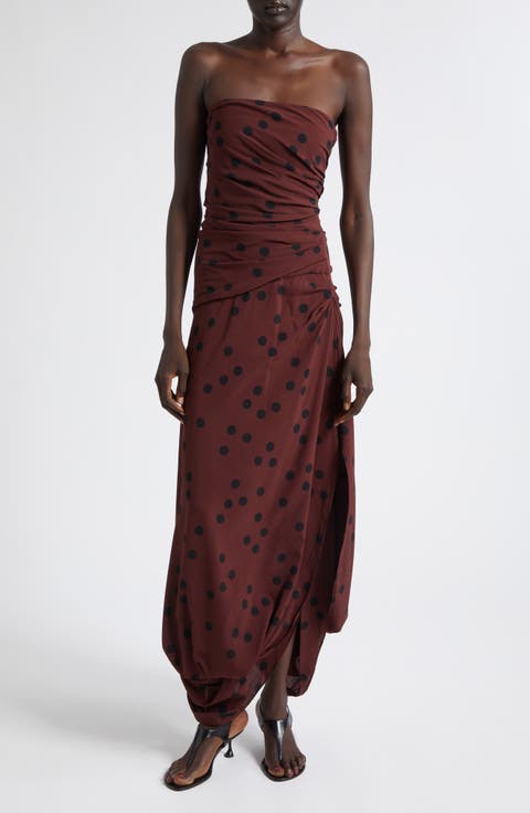 Nayara Dot Print Strapless Asymmetric Midi Dress