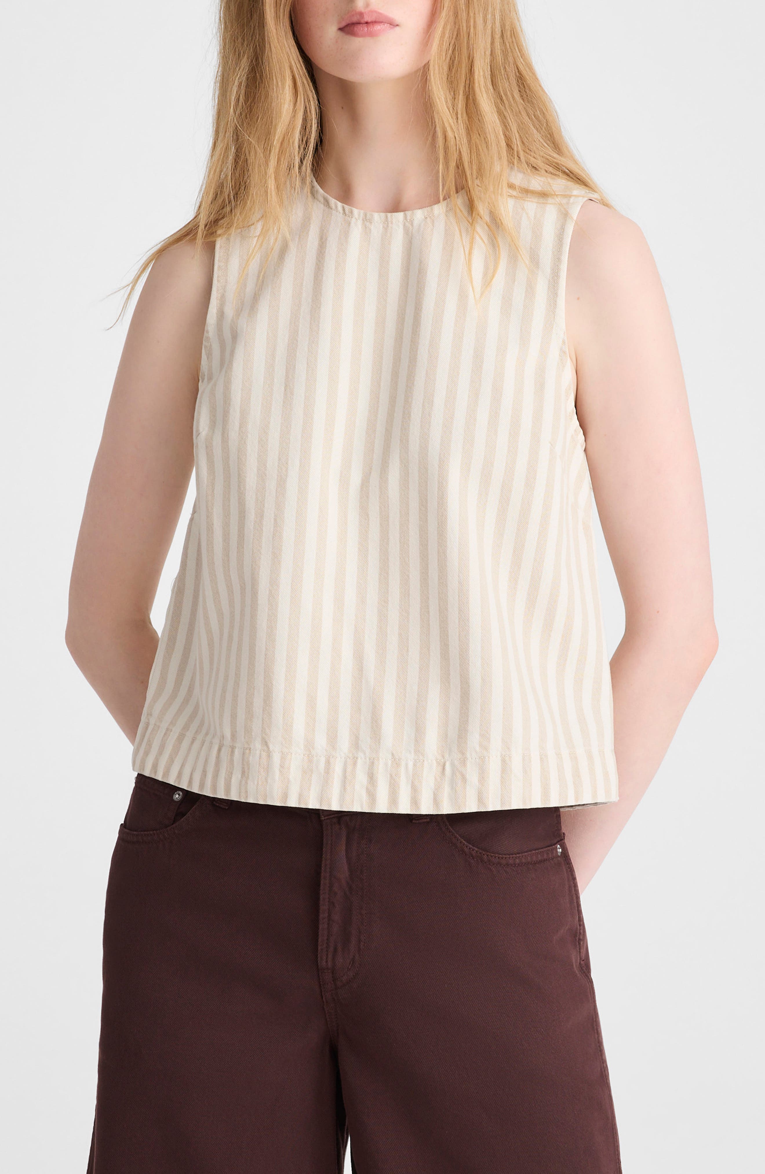 Madewell Stripe Denim Boxy Shell Top in Khaki Sand Stripe at Nordstrom, Size Small