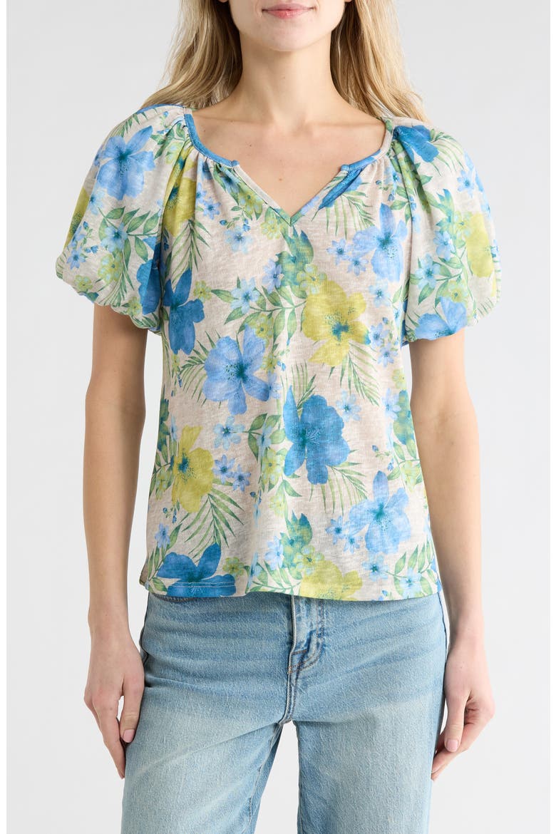 Floral Puff Sleeve Slubbed Jersey Top, Main, color, BLUE MULTI