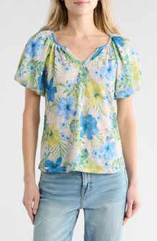CHENAULT Floral Puff Sleeve Slubbed Jersey Top