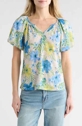 CHENAULT Floral Puff Sleeve Slubbed Jersey Top