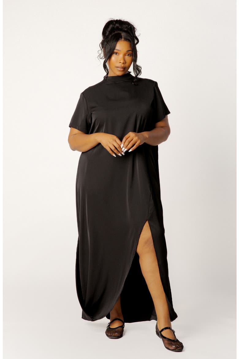High Neck Draped Maxi Dress, Alternate, color, BLACK