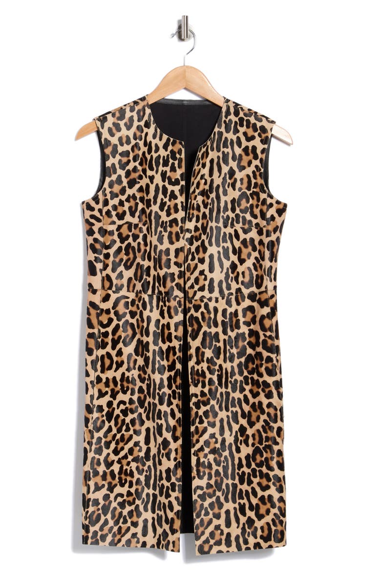 Leopard Print Genuine Calf Hair Sleeveless Jacket, Main, color, CAMEL