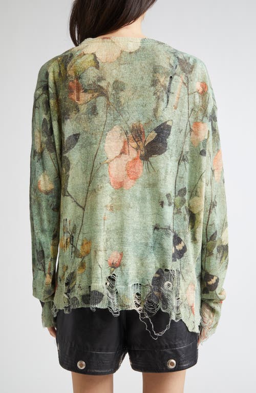 R13 Boyfriend Distressed Floral-print Linen Cardigan In Green