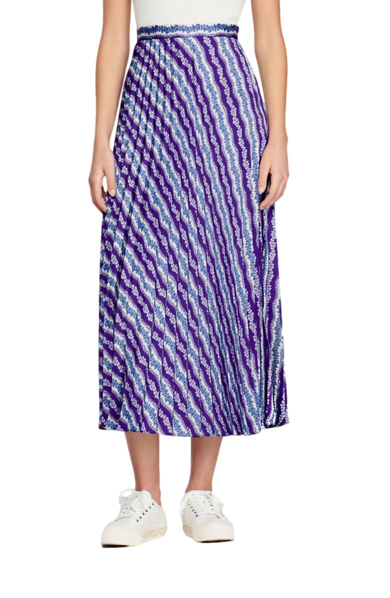 SANDRO Perona Stripe Pleat A-Line Skirt, Main, color, Violet / Bleu
