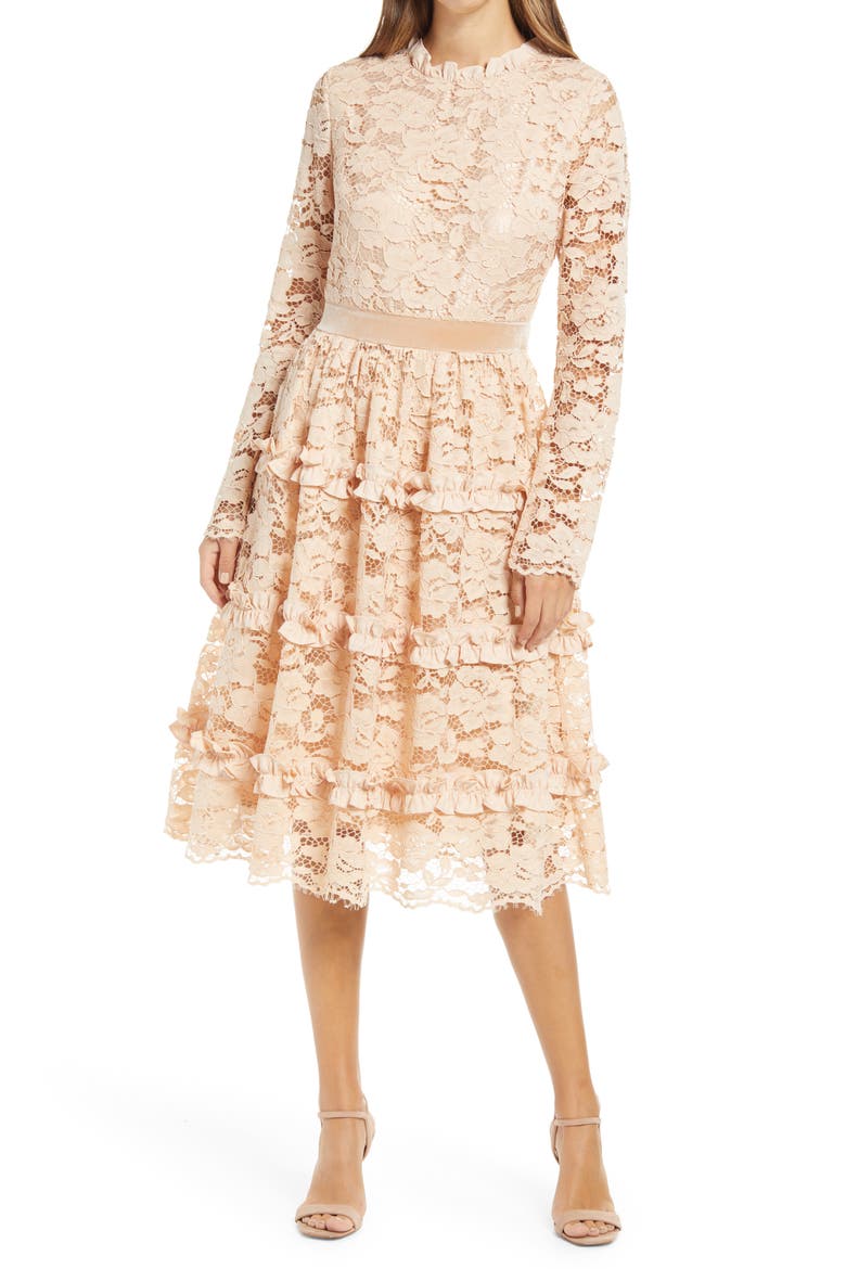 Ruffle Lace Long Sleeve Dress, Main, color, BEIGE ALMOND