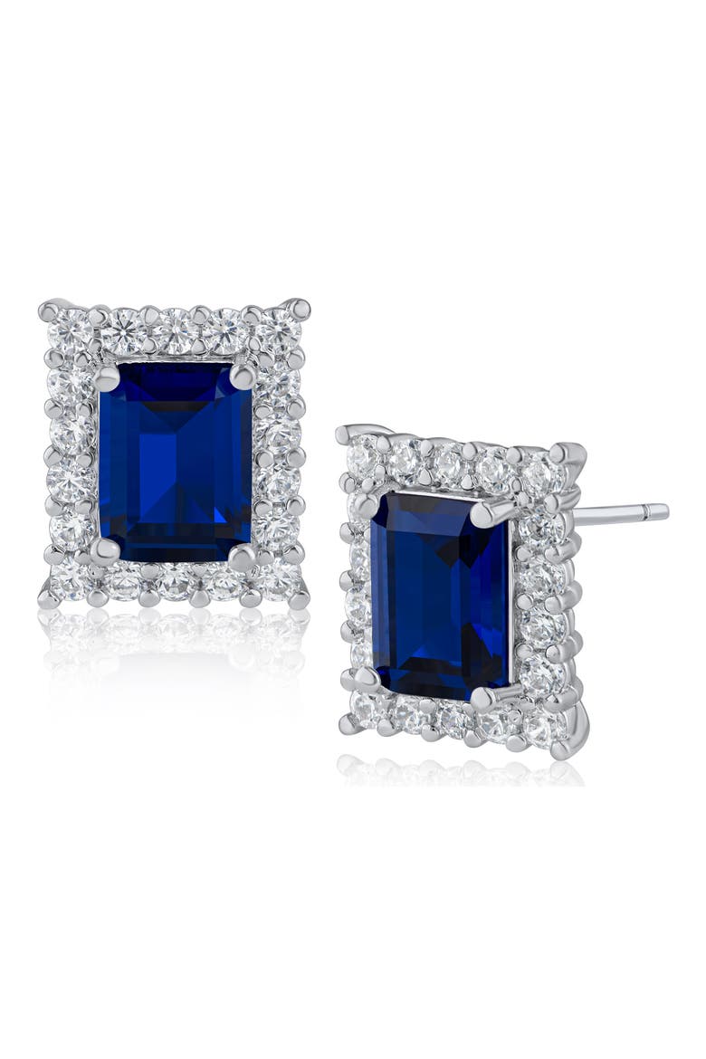 Emerald Cut CZ Pavé Halo Stud Earrings, Main, color, BLUE/ SILVER