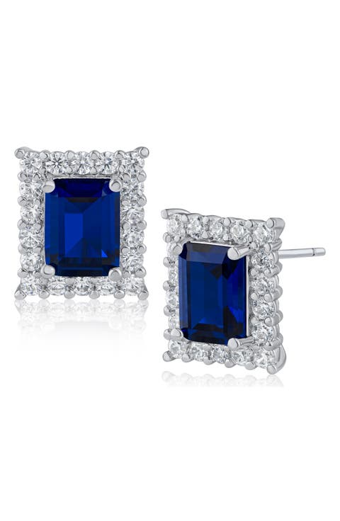 Emerald Cut CZ Pavé Halo Stud Earrings