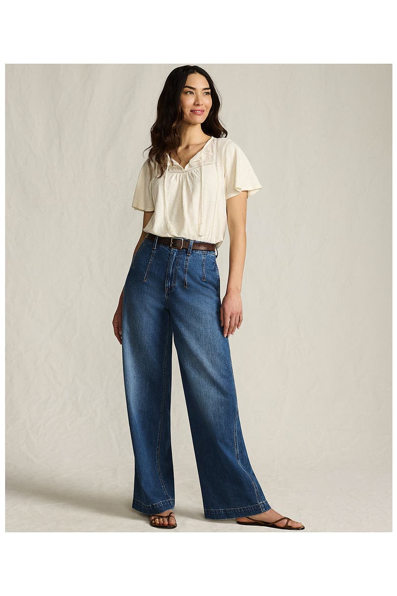 Petite Soft Denim High Rise Wide Leg Top Stitch Trousers, Alternate, color, Indigo Tide Blue