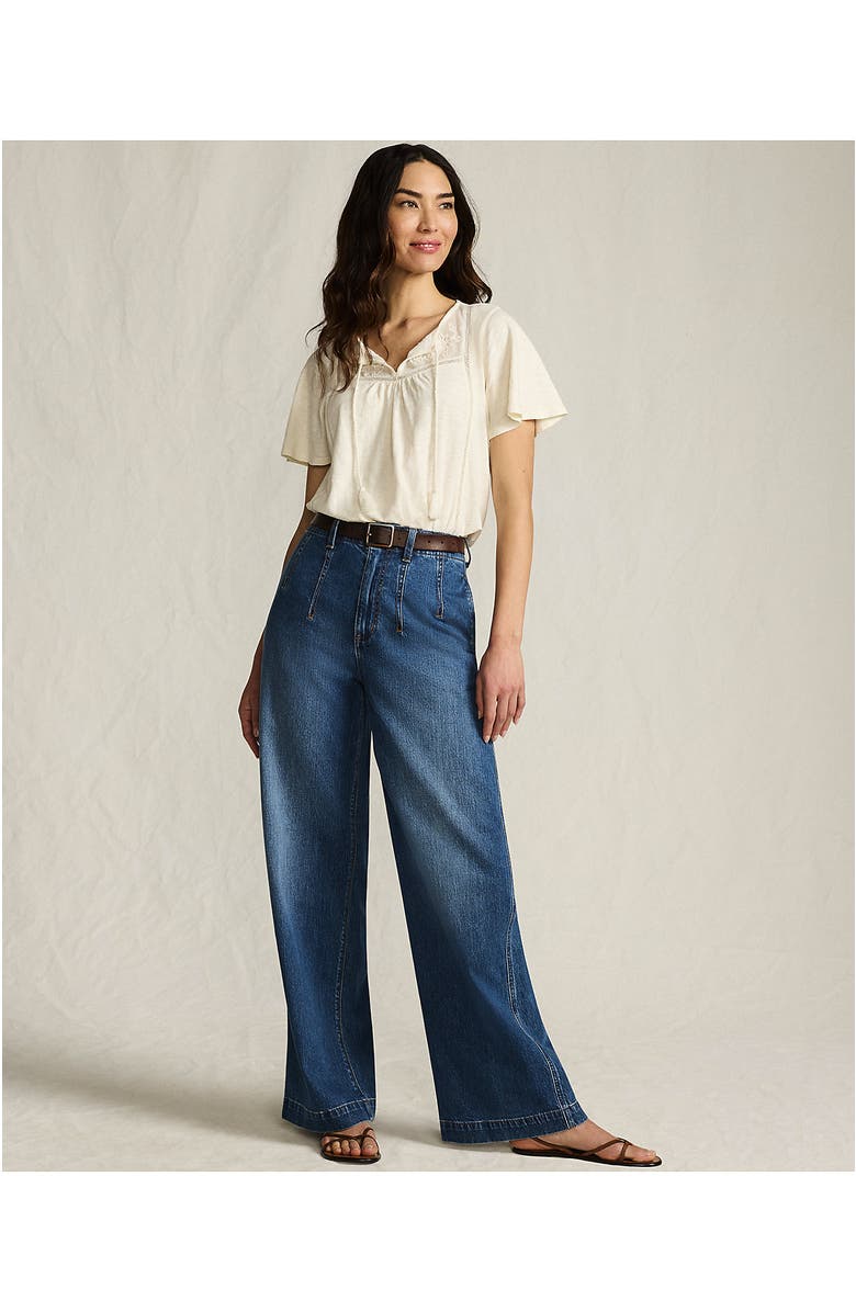 Lands' End Petite Soft Denim High Rise Wide Leg Top Stitch Trousers, Alternate, color, Indigo Tide Blue