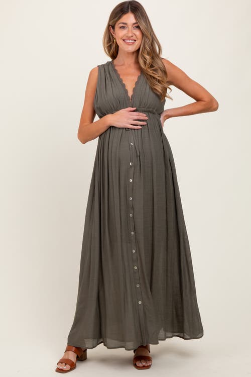 Pinkblush Deep V-neck Sleeveless Button Down Maxi Dress In Green