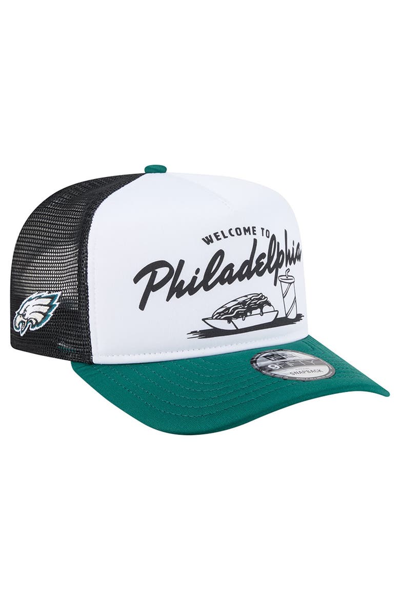 Men's New Era White/Midnight Green Philadelphia Eagles Foodie 9FIFTY A-Frame Trucker Snapback Hat, Main, color, White