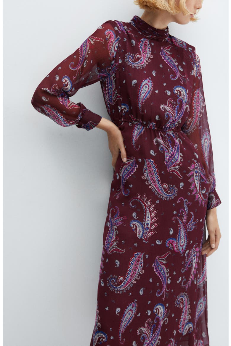 Paisley Print Long Sleeve Chiffon Midi Dress, Alternate, color, MAROON
