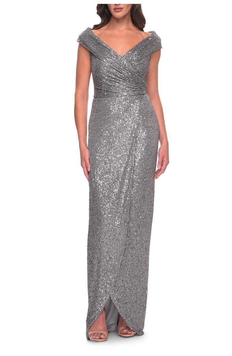 La Femme Sequin Long Evening Dress with Ruching and V Neck, Main, color, Silver