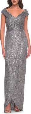 La Femme Sequin Long Evening Dress with Ruching and V Neck