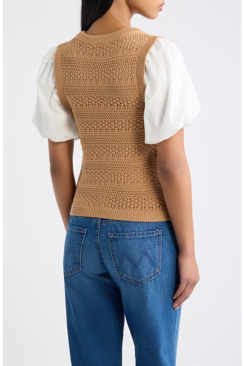 Danni Puff Sleeve Pointelle Knit Top, Alternate, color, CAMEL