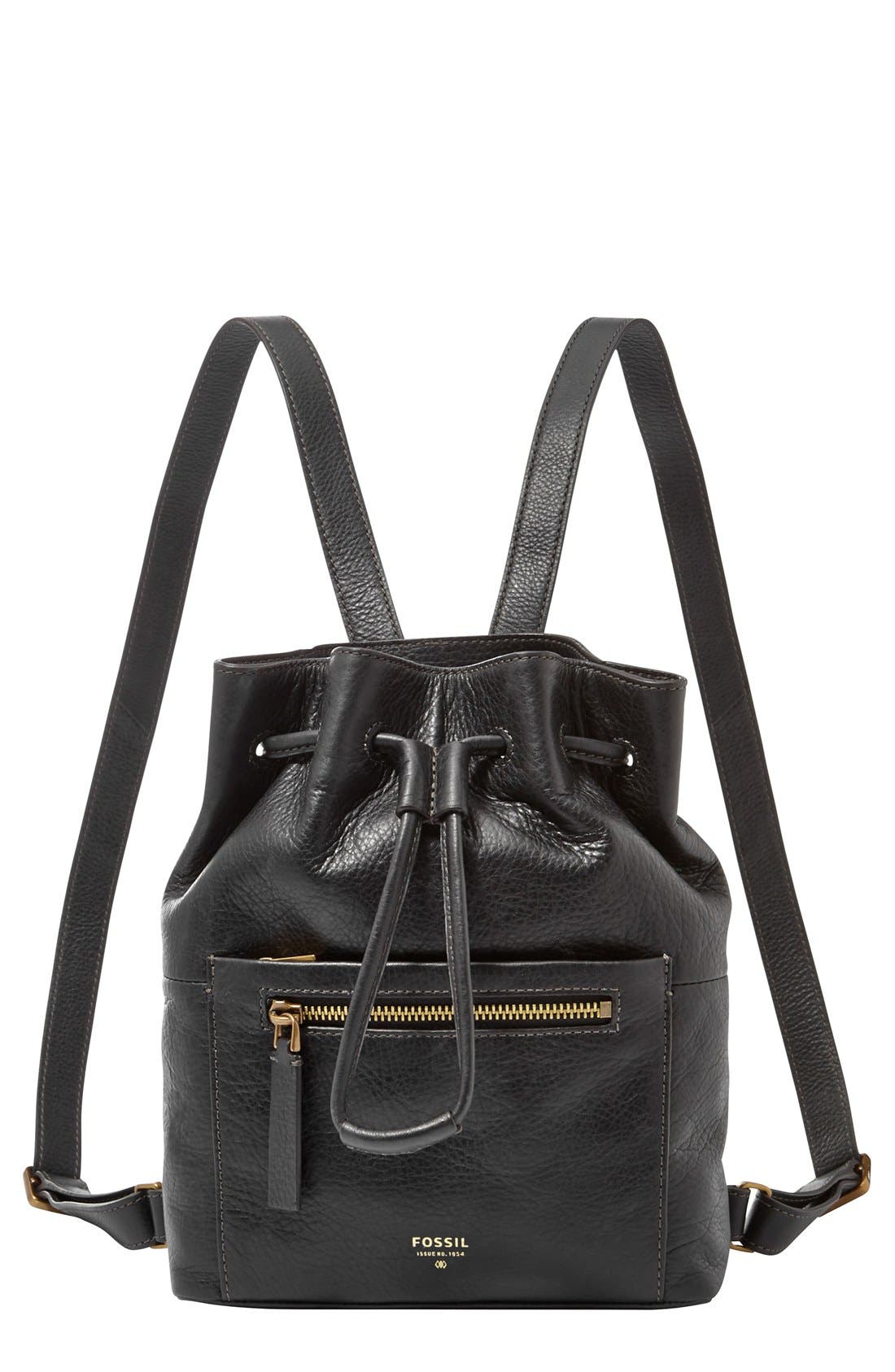 'Vickery' Drawstring Leather Backpack, Main, color, BLACK