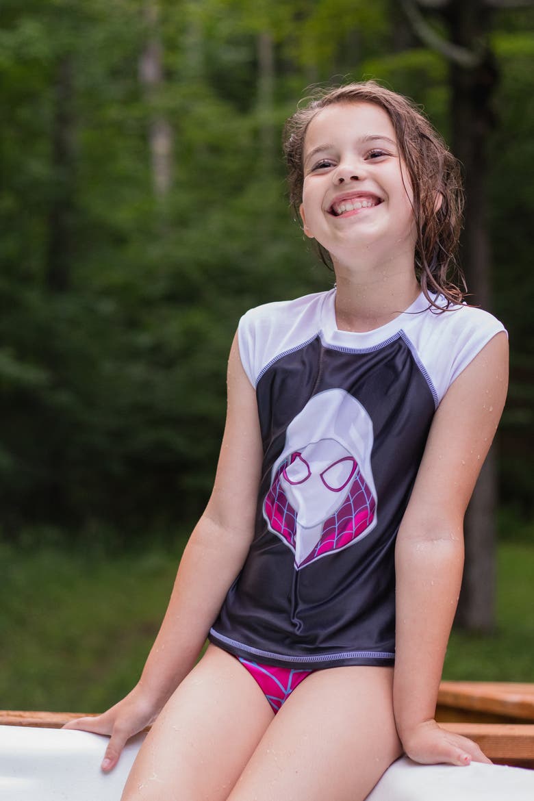 Spider-Verse 2-Piece Swimwear Rash Guard and Bikini Bottom Set, Alternate, color, Ghost Spider Pink