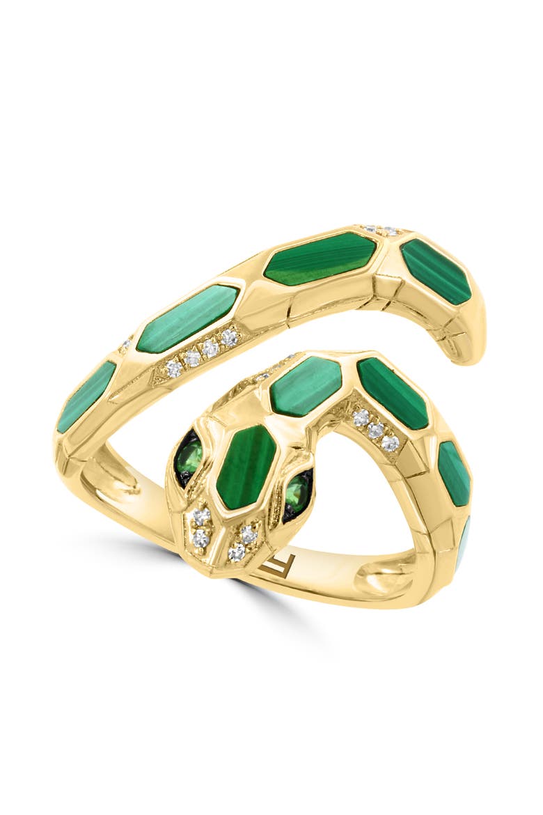 14K Yellow Gold Diamond, Malachite, Tsavorite Snake Ring, Main, color, 14K Gold