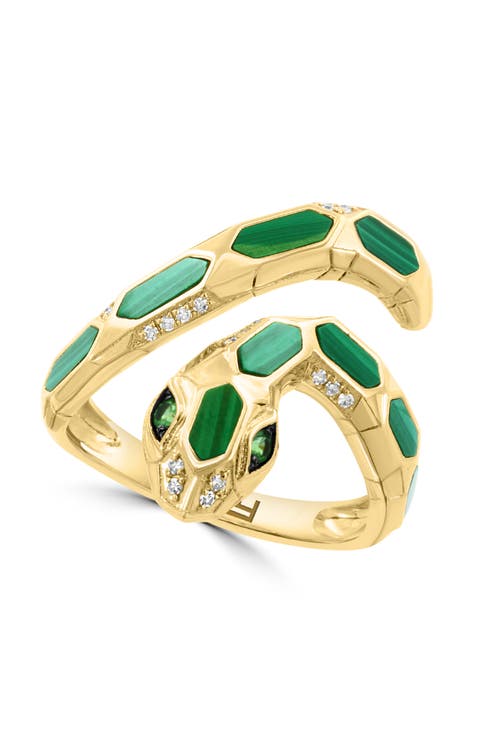 14K Yellow Gold Diamond, Malachite, Tsavorite Snake Ring