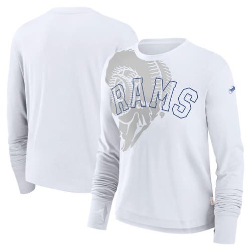 Nike Women's White Los Angeles Rams Layered Logo Cropped Long Sleeve Fashion T-shirt In White