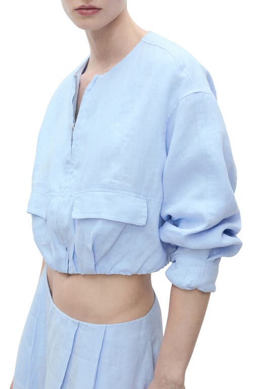 Mango Cropped Linen Jacket With Pockets Sky Blue
